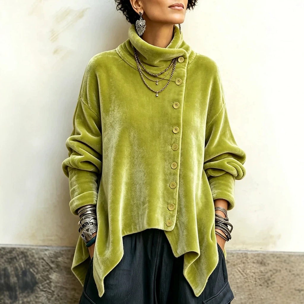 🔥Last Day 40% OFF🎁 Asymmetric Button Velvet Turtleneck Top