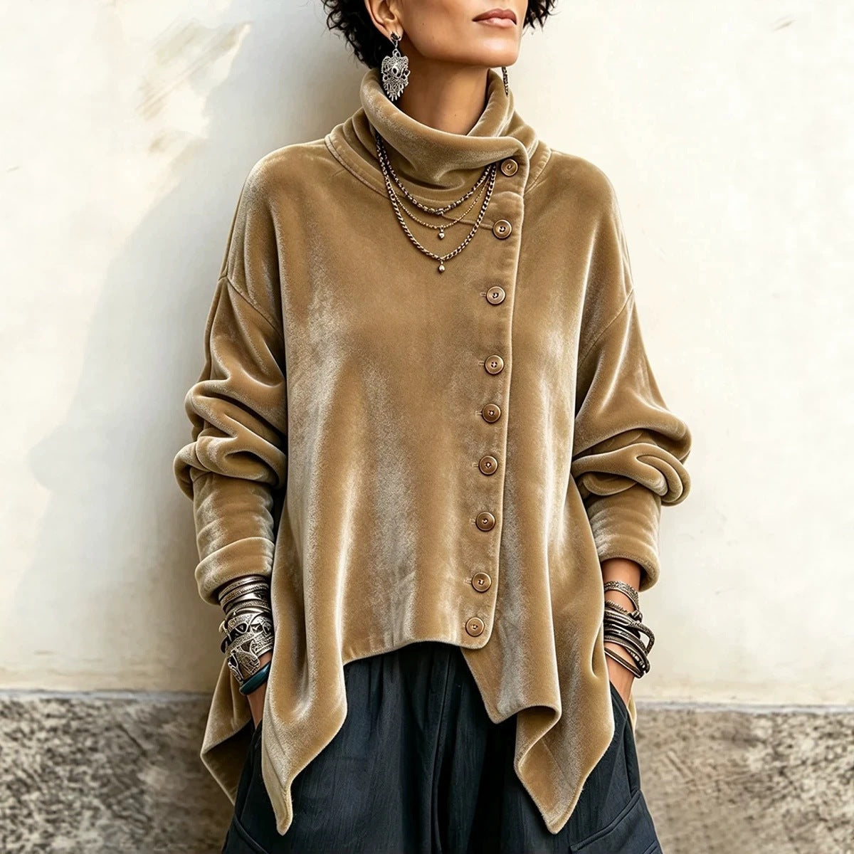 🔥Last Day 40% OFF🎁 Asymmetric Button Velvet Turtleneck Top