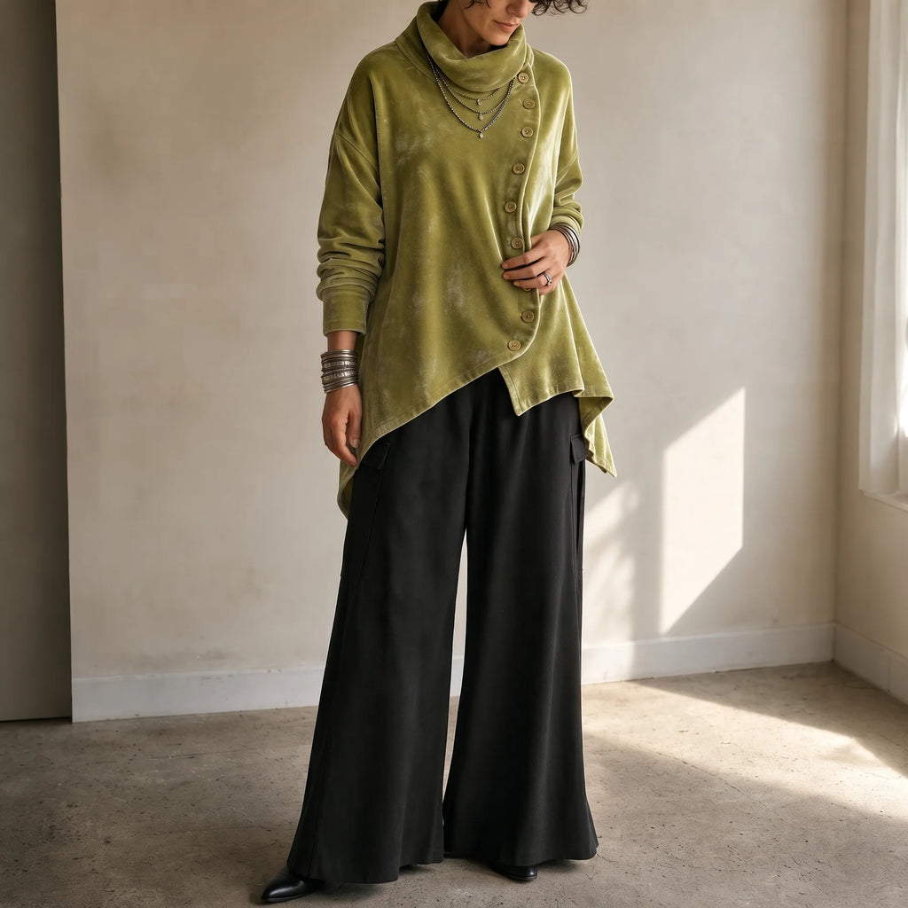 🔥Last Day 40% OFF🎁 Asymmetric Button Velvet Turtleneck Top