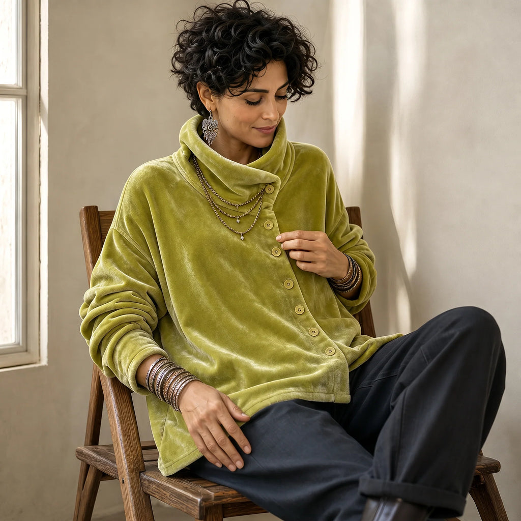 🔥Last Day 40% OFF🎁 Asymmetric Button Velvet Turtleneck Top