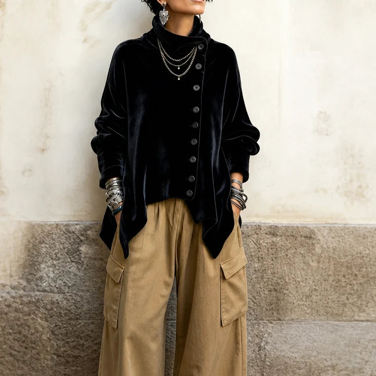 🔥Last Day 40% OFF🎁 Asymmetric Button Velvet Turtleneck Top