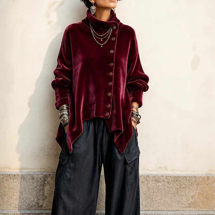 🔥Last Day 40% OFF🎁 Asymmetric Button Velvet Turtleneck Top
